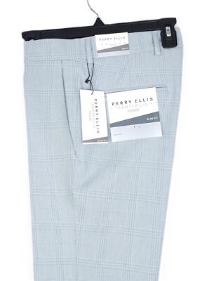 Perry Ellis Mens Slim Fit Dress Pants 31x30 Light Grey Plaid Stretch Lightweight