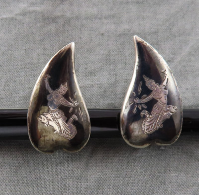 Vintage Sterling Silver Earrings Nielloware Siam Thai Dancer Goddess Black 466b