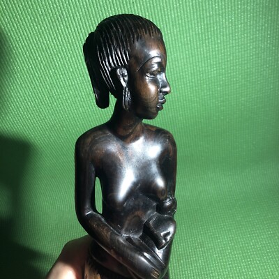Vintage African ebony wooden carved sculpture Woman Feeding Baby statue 16 tall