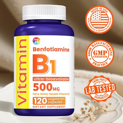 Vitamin B1 with Benfotiamine | 500mg | 120 Capsules | Gluten Free Supplement