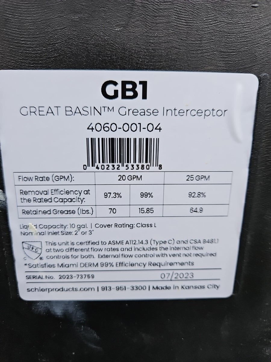 Schier HYDROMECHANICAL indoor Grease Interceptor GB1 GPM Great