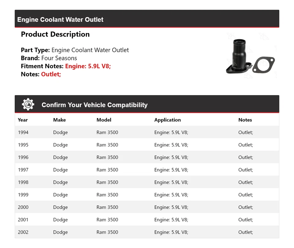 Para Dodge Ram 3500 1994-2002 motor V8 5,9 L salida de agua refrigerante 4 estaciones 1995 Foto 2 de 4