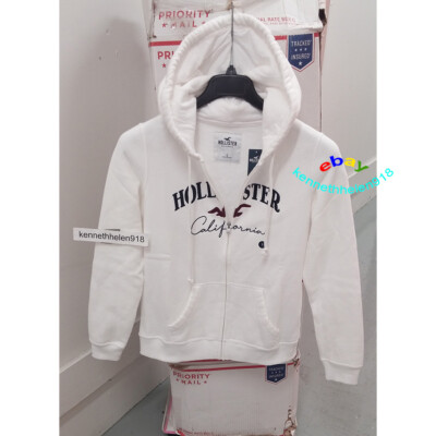 HOLLISTER WOMENS LOGO GRAPHIC FULL ZIP HOODIE SWEATSHIRTS WHITE