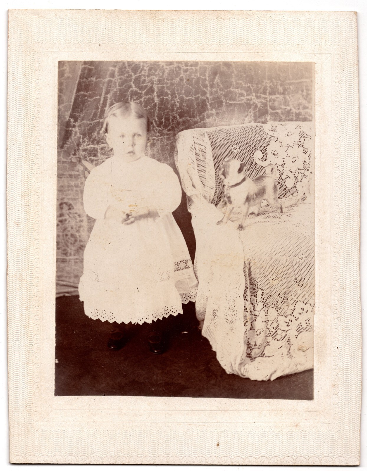 CIRCA 1890s CABINET CARD LITTLE GIRL IN WHITE DRESS WITH SMALL PUG DOG