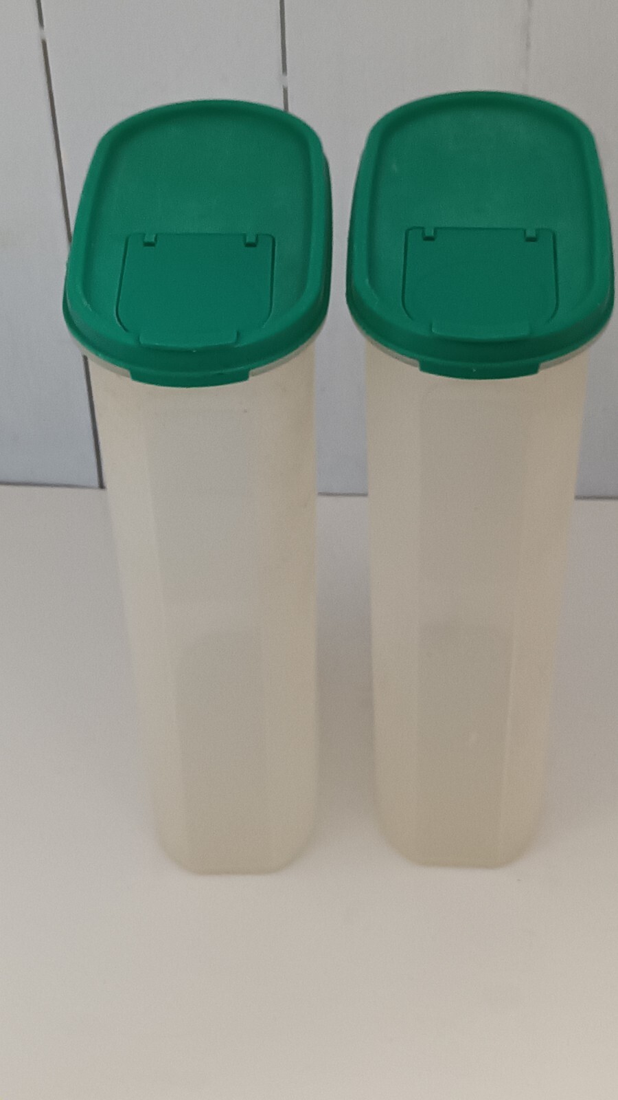 Pair of Tall Vintage " Tupperware " Green Cereal Plastic Storage