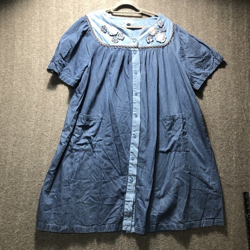 Go Softly Patio House Dress Mumu Sz 2X XXL 18 20 Jean Denim Floral Embroidered