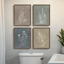 Boho Framed Botanical Wall Art for Bathroom Decor, 4 Piece Rustic Floral Canv...