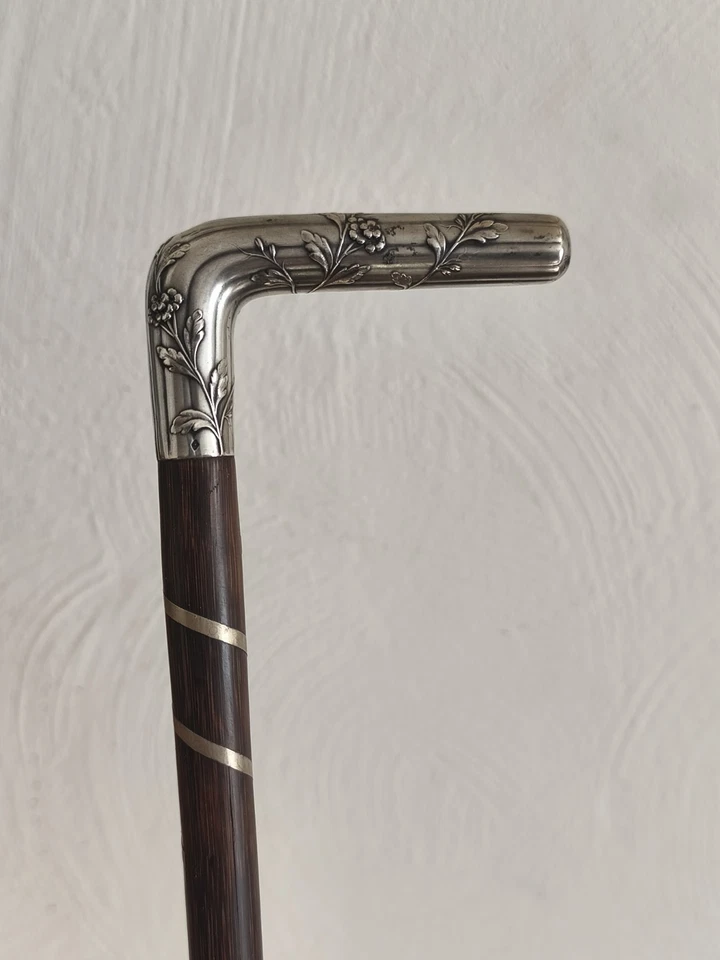 Ancienne Cannes Pommeau Argent Massif Art Nouveau Fleur 87 cm - Photo 4/4