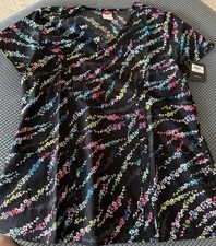 NWT Dickies Women  s Scrub Top Size L Black Floral Design V Neck DK656