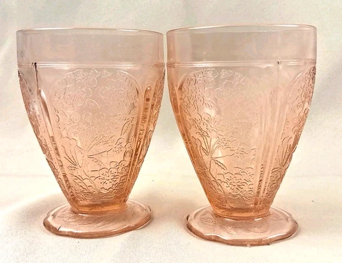 Pair of Jeannette Cherry Blossom Pink depression glass scalloped-footed tumblers