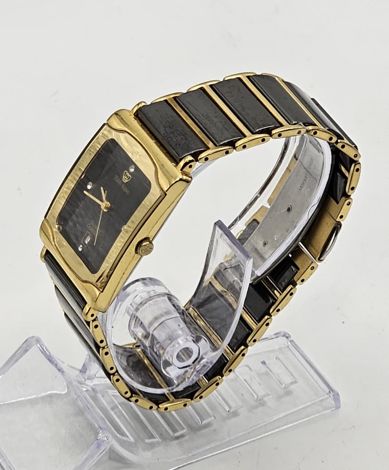 ​TIAN WANG Gold Tone Square Black Ceramic Band Quartz Men's Watch Date GB3185BT — 第 2/4 张图片