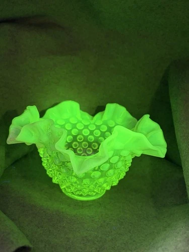 Uranium-Vaseline Topaz Vase Hobnail Opalescent 4” Tall 6” Across Ruffled Footed