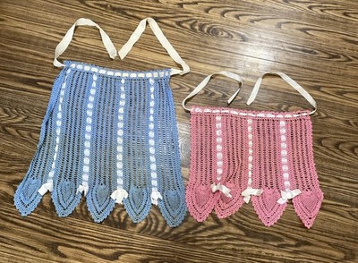 Lot of 2 Vintage Child Size Crochet Half Aprons Ribbon Pink Blue Cottage Core