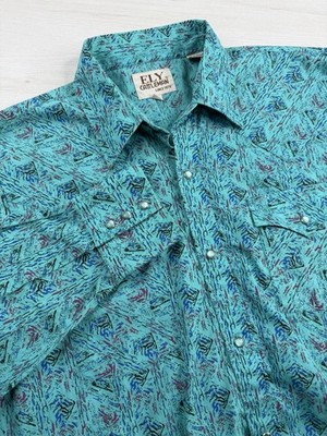 Vtg Ely Cattleman Western Pearl Snap Shirt Turquoise Geometric Aztec Men 15.5-33