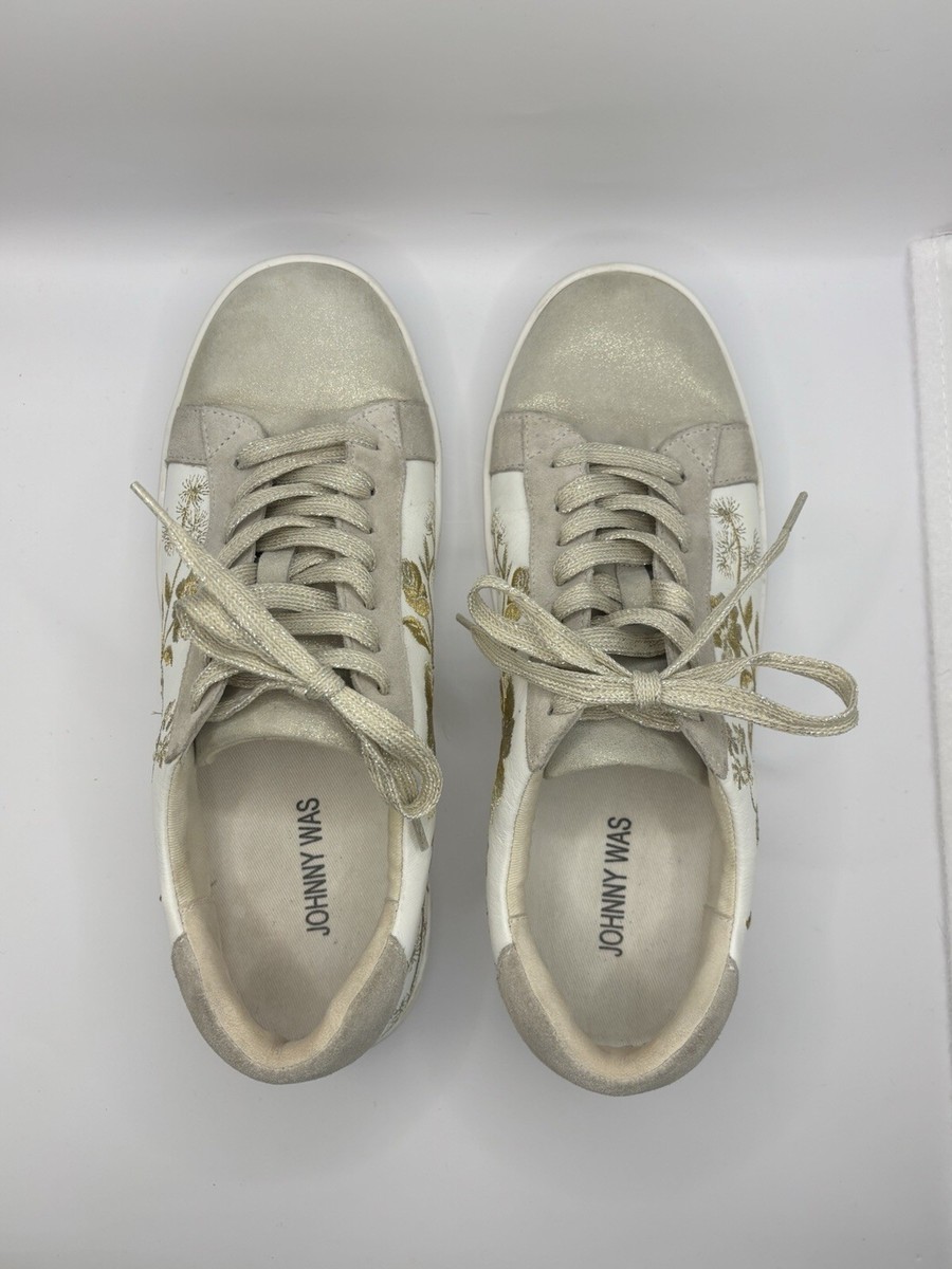 JOHNNY WAS Embroidered Leather Sneakers Vixie Floral Gold Gray