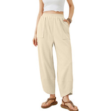 Pantaloni Palazzo Donna Sportivi Gamba Larga Vita Alta Felpa Tasche Beige XL