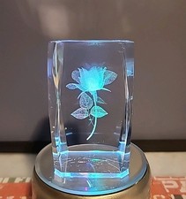 Laser Etched Glass Paperweight Decor With Rose Design 3.25 Inches Tall