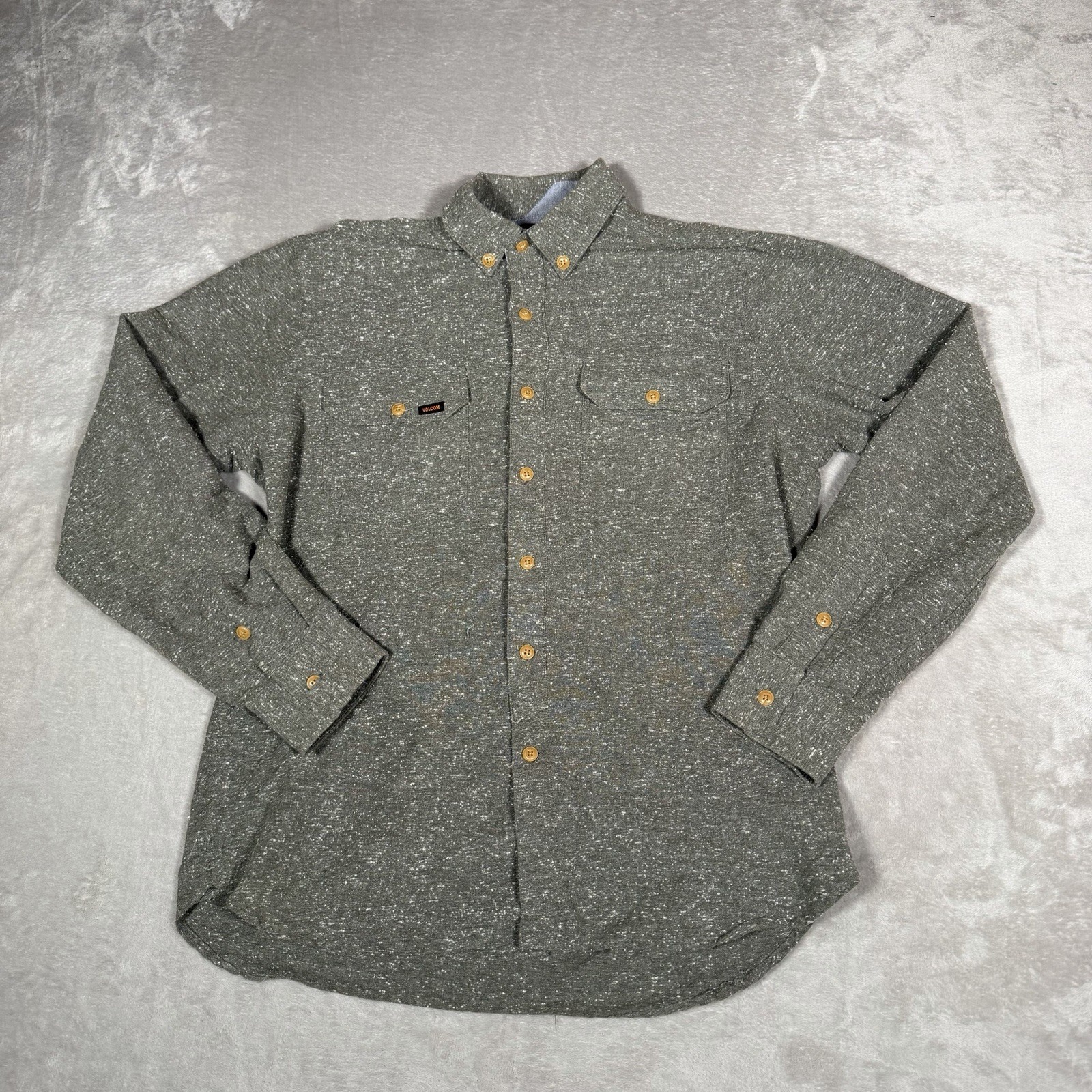 S Medium Green Textured Button Up Long Sleeve Casual