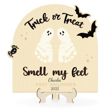 Sereliy Baby'S First Halloween DIY Footprint Art Card, Wooden Halloween Baby Sig