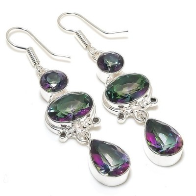 Mystic TopazGemstone Handmade 925 Sterling Silver Jewelry Earring Size 2.5''