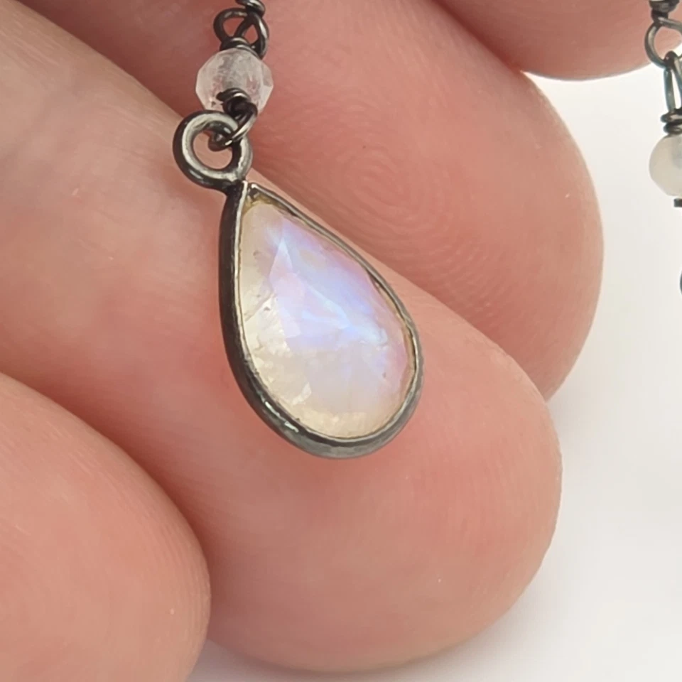 Collar Y Piedra Lunar Genuina De Colección Plata Esterlina 925 Doble Hilo Y Gota 14" Foto 2 de 4