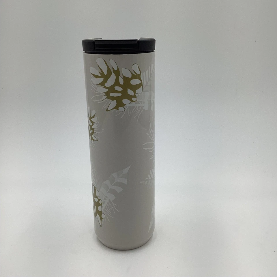 Taza de viaje Starbucks vaso beige estampado de hojas doradas tapa aislante Foto 3 de 4