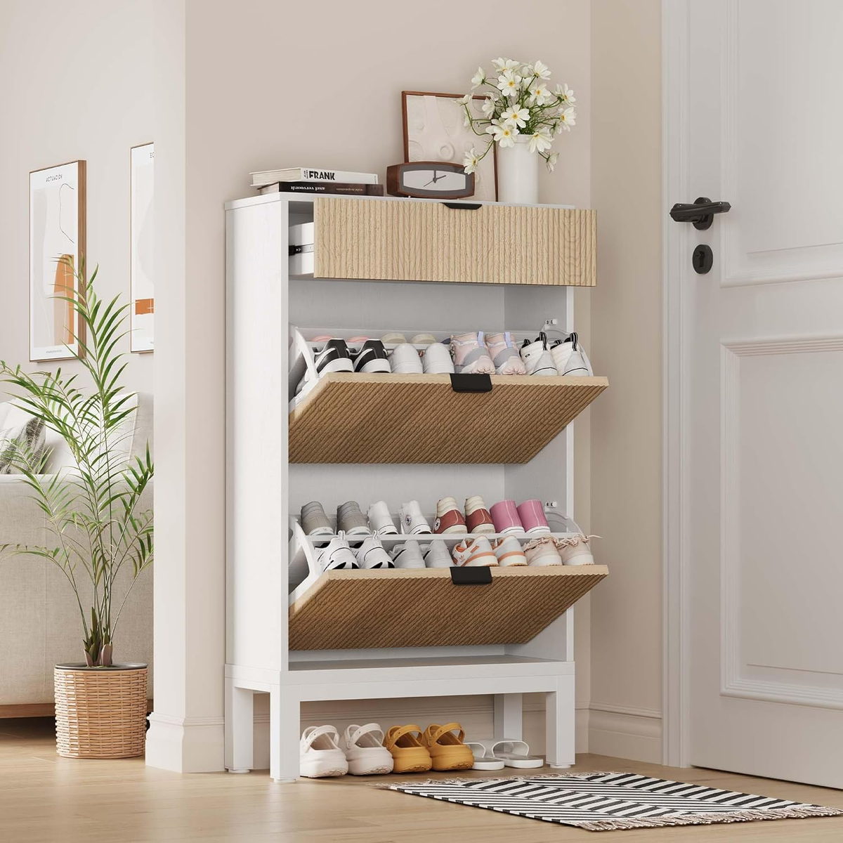 Slim Shoe Storage Cabinet with 2 Flip Drawers, Narrow Freestanding