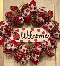 FARMHOUSE LADY BUG   Year Round WELCOME Wreath BURLAP Deco Mesh 22" x 22"
