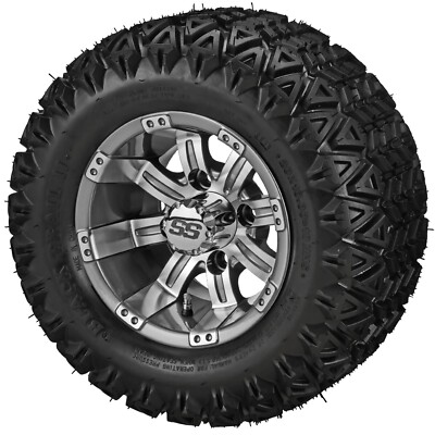 (4) Golf Cart 20x10-10 Black Trail A/T Tire on 10x7 Gunmetal Gray Tempest Wheels