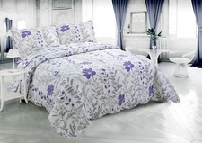 Printed Stitching Ultra Soft Bedspread Coverlet Quilt Set, Modern Purple Floral