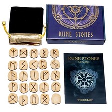 25 Wooden Rune Stone Bag set with 5 Layouts & Meaning Parchment. Futhark Runes