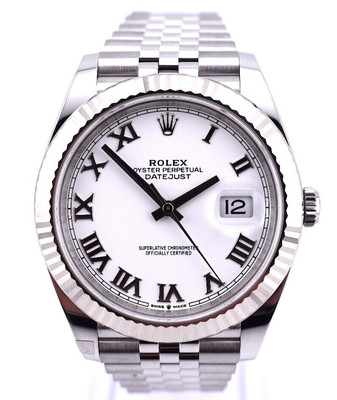 Rolex Datejust 41mm SS White Roman Dial Jubilee Fluted 18k Bezel NEW - 126334