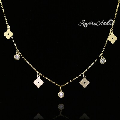 14K GOLD Filled Lucky Clover Simulated Diamond Disc Pendant Lady CHAIN NECKLACE
