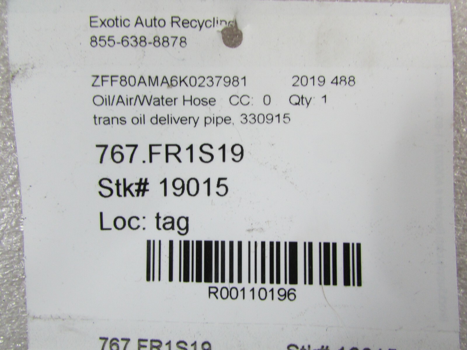 Ferrari 488, Transmission Oil Delivery Pipe, Used, P/N 330915