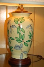 Yellow with botanical green gray porcelain table lamp Made in USA