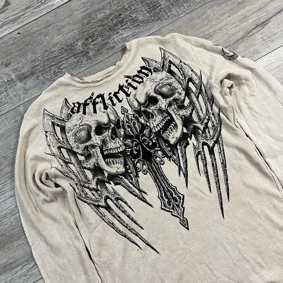 Y2K Affliction 热感长袖衬衫 骷髅 Wings Grunge Baphomet 尺寸 M — 第 3/4 张图片