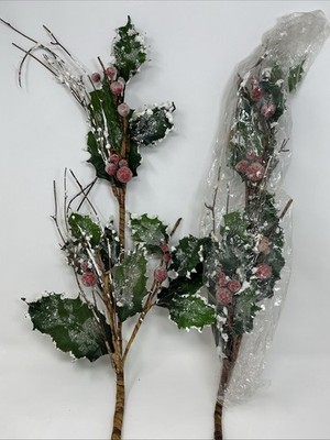 Artificial Holly Leaf Floral Pick w Flocked Edges Red Sugar Berries 36  2 Picks
