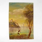 VINTAGE 60s Fisherman Landscape MINIATURE OIL PAINTING ON CARDBOARD