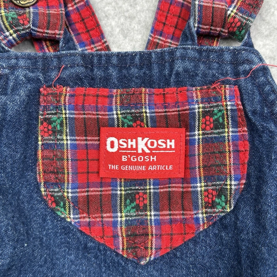 复古 OSHKOSH 女孩尺寸 4T 蓝色牛仔格子法兰绒整体连衣裙和衬衫套装 — 第 4/4 张图片