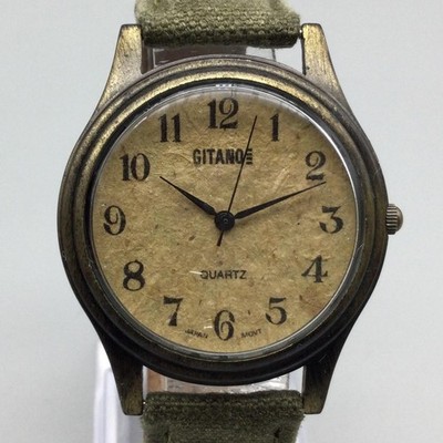 Vintage Gitano Mens Watch 37mm Cork Dial Brown Canvas Leather Band New Battery