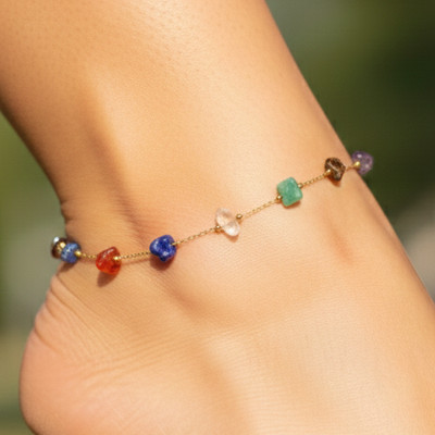 Elegant Gold Tone Anklet Minimalist Boho Multi-Color Stone Beaded Pattern