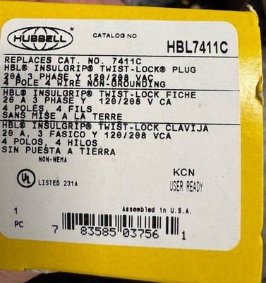   Hubbell HBL7411C 20 A 3 Phase 120/208 VAC Non-Grounding Male Twist-Lock Plug