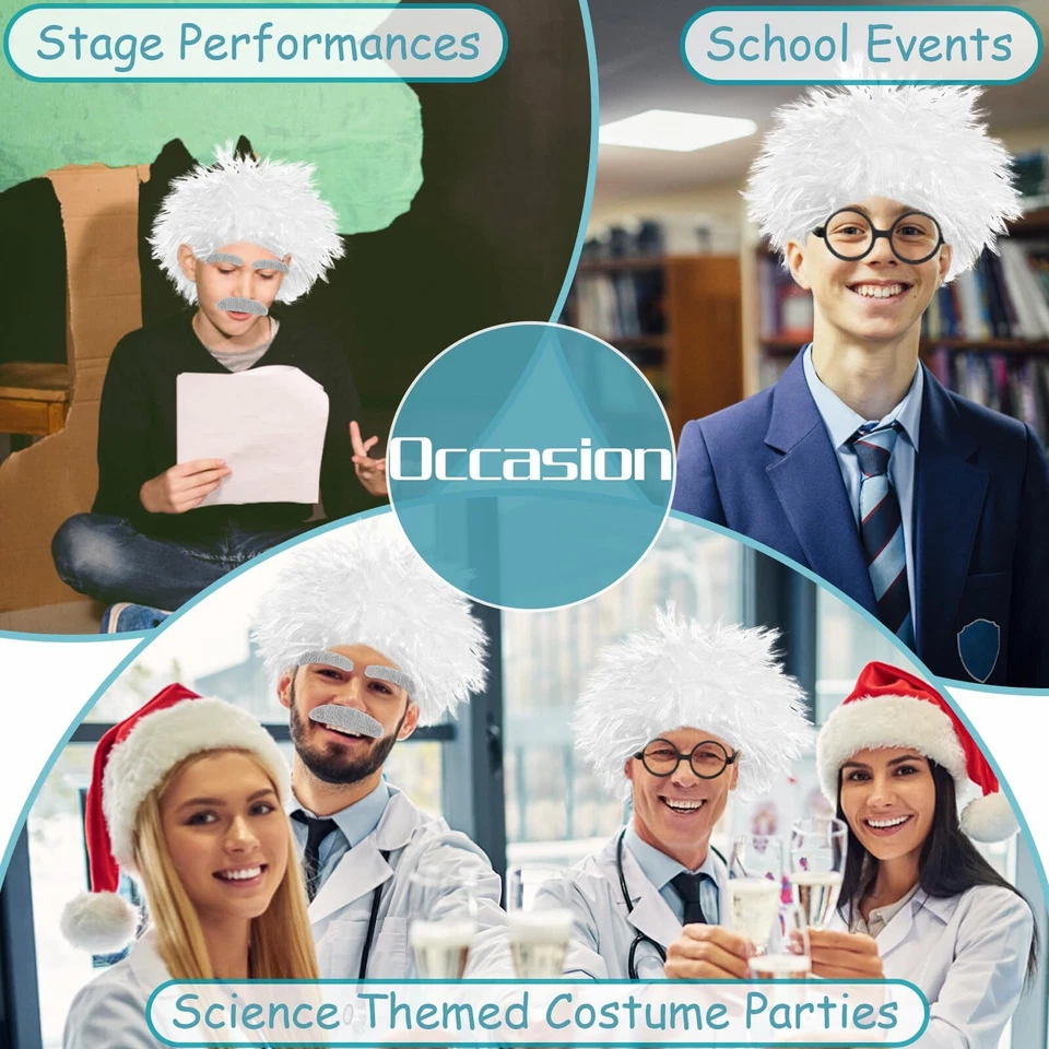 Peluca Científico Loco Disfraz con Gafas Bigote Cejas para Disfraz Cosplay Foto 4 de 4