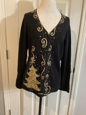 Vintage Jack B Quick Christmas Sweater Size Large Black Gold BEAUTIFUL