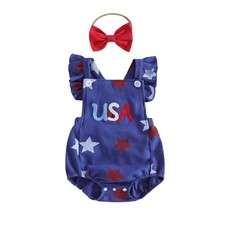 4th of July Baby Girl Outfits Fly Sleeve Usa Overalls Stars 3-6 Months Blue
