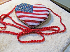 VINTAGE BEADED HEART SHAPED U.S. FLAG PURSE, 24" STRAP, 5" x 5", NEW