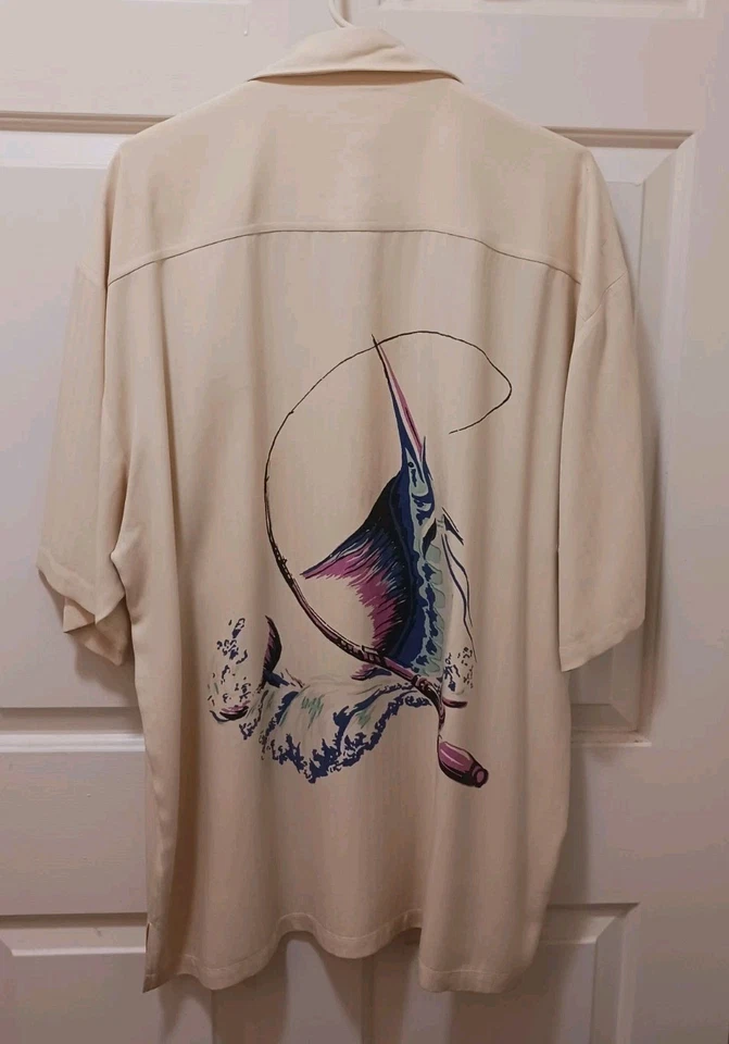 Vtg Kahala Hawaiian Camp Shirt 100% Silk Fishing Print Marlin Swordfish XL Rare - Image 3 of 4
