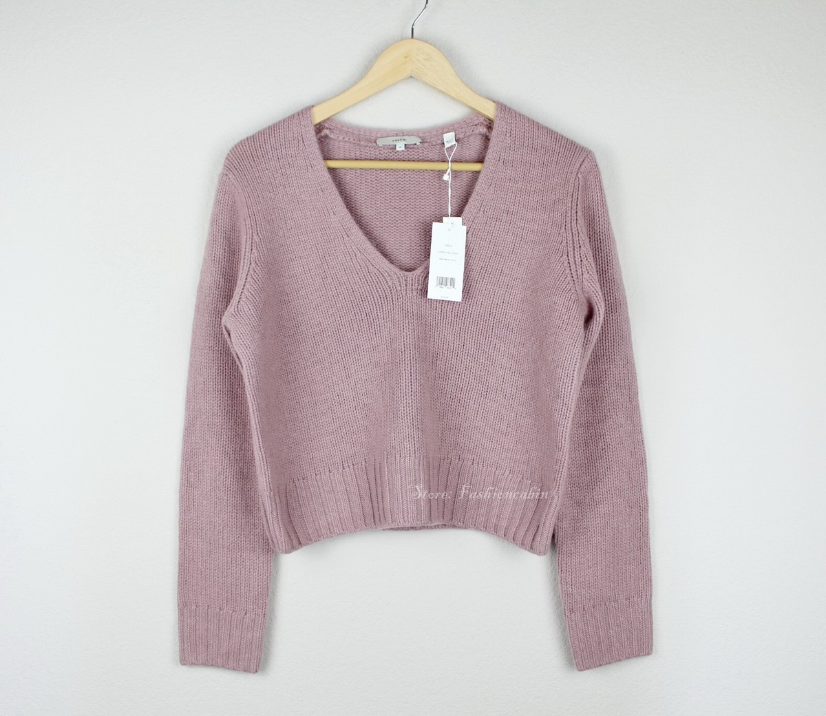 NWT VINCE Shrunken V-Neck Cashmere Sweater, PINK SHELL, Size