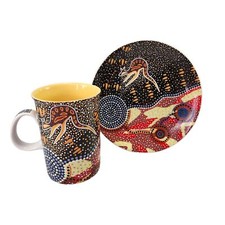 Kangaroo Mug and Small Plate Set Tobwabba Art Australian Aboriginal Kooris Vtg