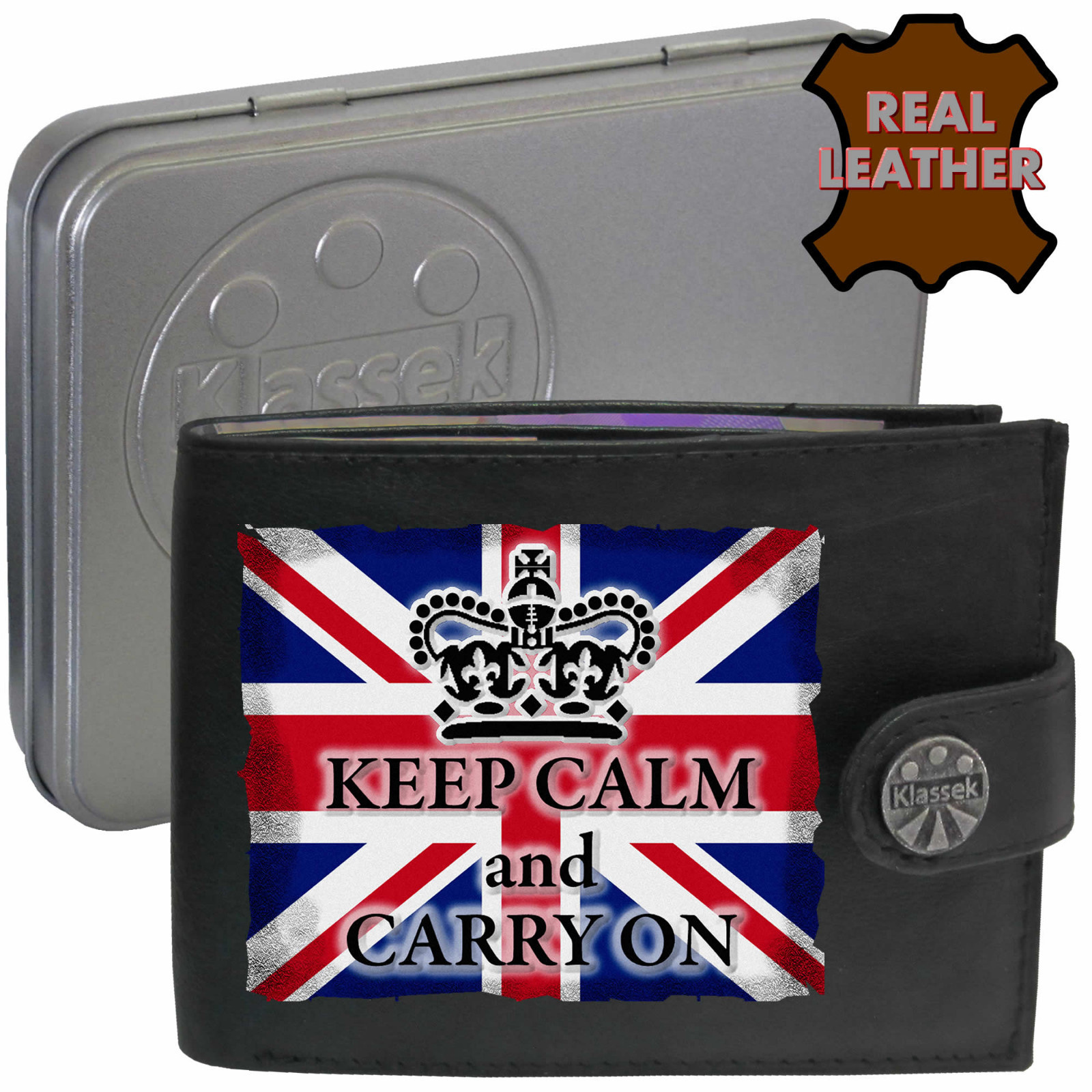 Keep Calm And Carry On Wallet Soft Leather Personalised Union Flag Gift Tin RFID